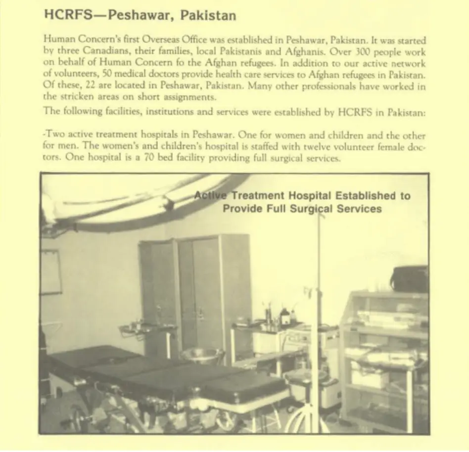 1985 Human Concerns first overseas office is established in Peshawar Pakistan