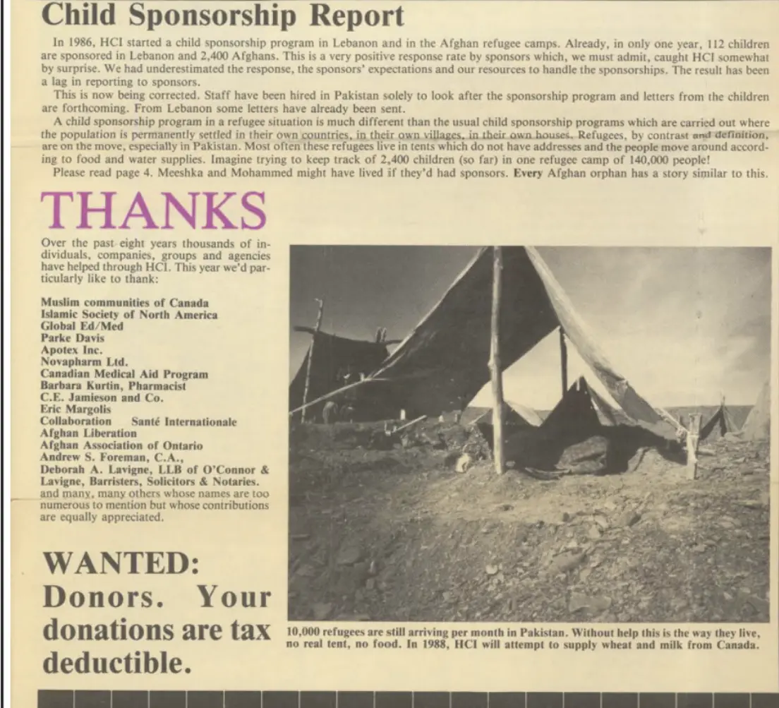 1986 HCI started a child sponsorship program in Lebanon and in the Afghanistan Refugee Camps