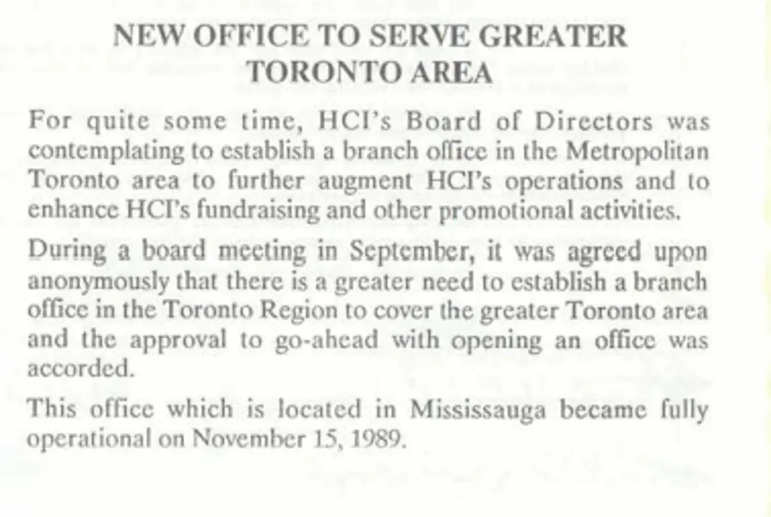 1989 HCI establishes office in GTA