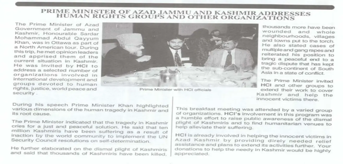 January 1994 HCI invites Prime Minister of Azad Kashmir to Ottawa